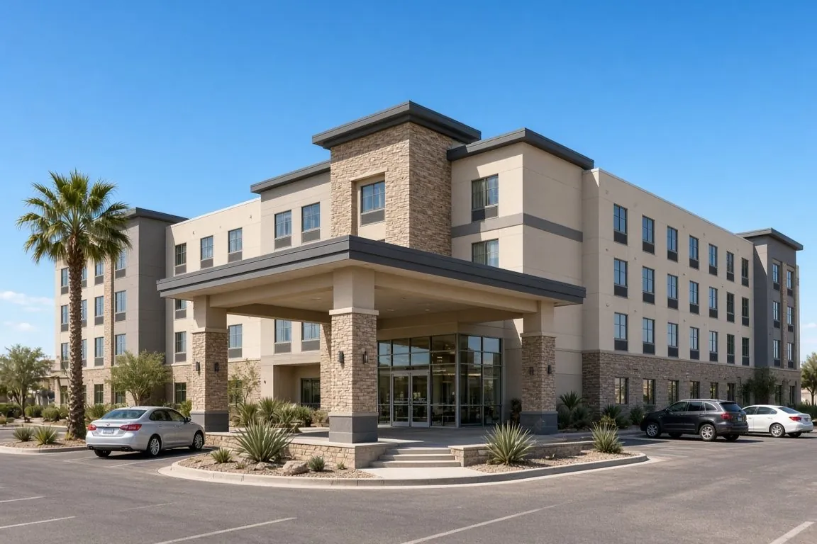 Illustration of a four-story limited-service hotel with a stone-columned covered entrance and desert landscaping