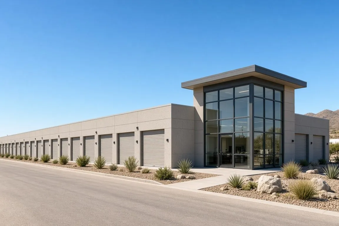 Illustration of a single-story self-storage facility with roll-up doors and a glass-walled office entrance